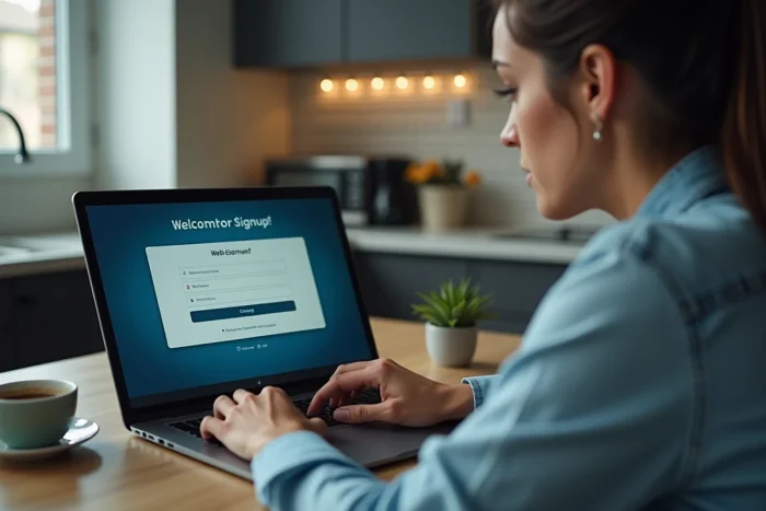 Personne hésitant à s'abonner à une plateforme de streaming en ligne depuis un ordinateur portable dans une cuisine