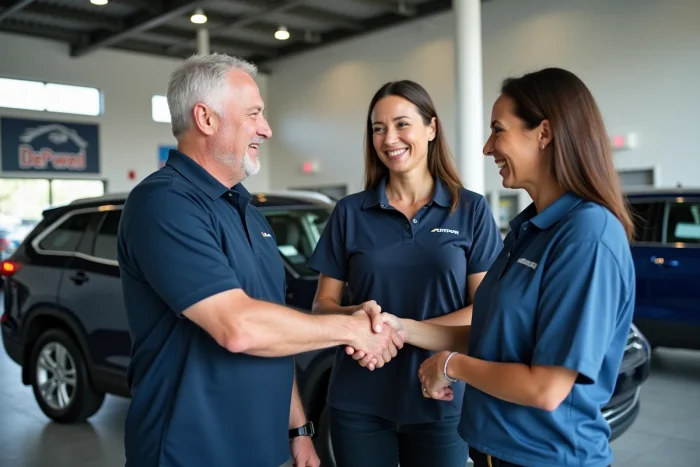 Couple signant l'achat d'un SUV d'occasion avec une conseillère de confiance dans un showroom automobile