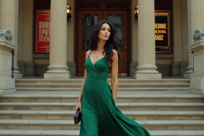 Actrice élégante en robe verte devant la façade d'un théâtre historique, évoquant une carrière artistique internationale