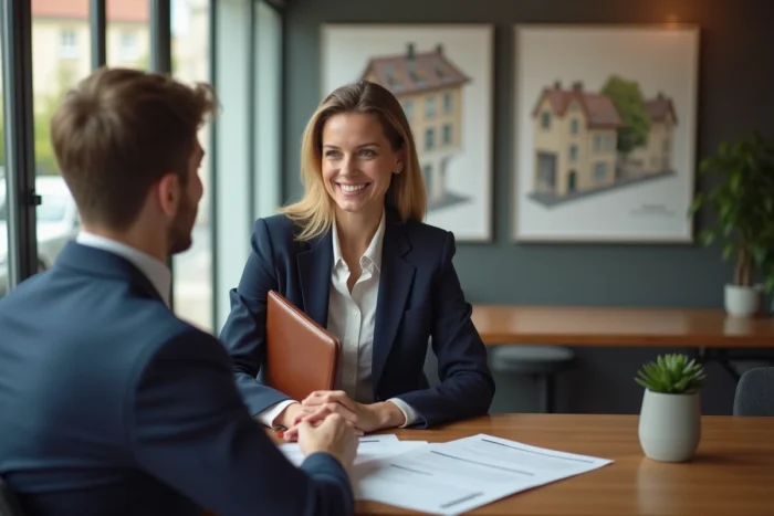 Agente immobilière moderne conseillant un acheteur dans une agence immobilière à Épernay avec des documents de vente