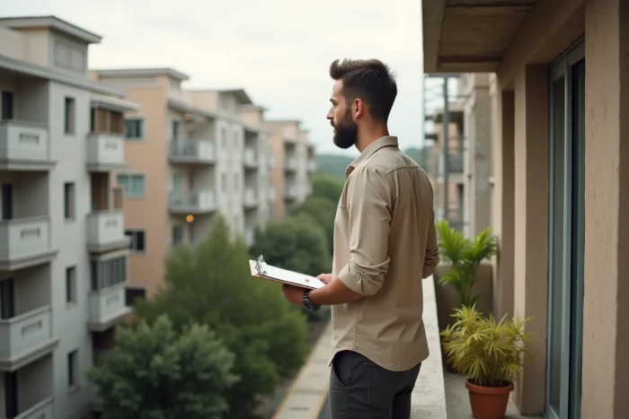 Agent immobilier inspectant un appartement rénové avec vue sur un quartier résidentiel urbain pour investissement en 2024