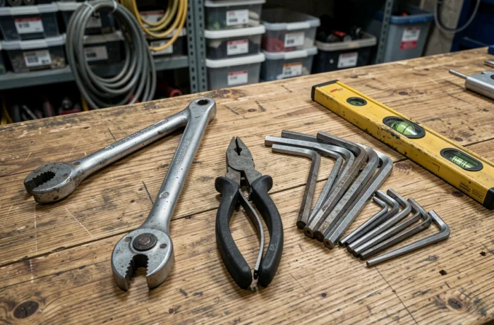 Assortiment d'outils professionnels disposés sur un établi en bois de chêne dans un atelier de garage