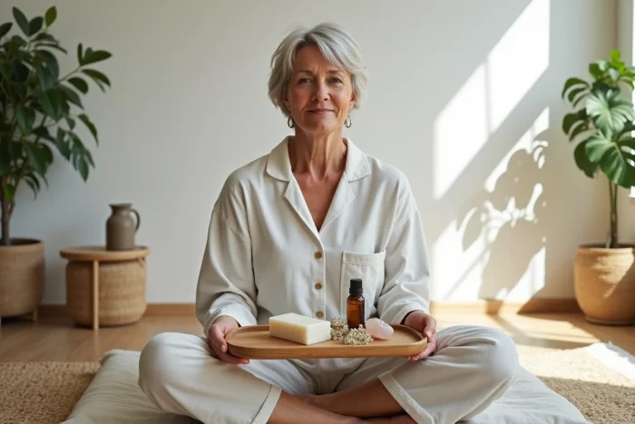 Femme aux cheveux argentés en tenue décontractée tenant un plateau en bois avec des produits naturels de bien-être dans un salon lumineux au décor naturel