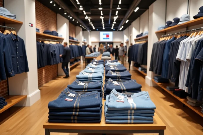 Intérieur d'une boutique Tommy Hilfiger avec des vêtements exposés et des étiquettes indiquant le pays de fabrication