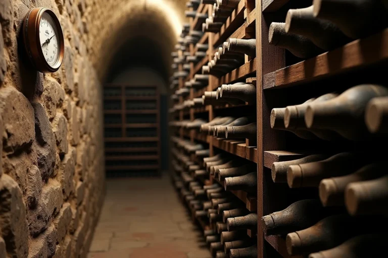 Cave à vin traditionnelle en pierre avec thermomètre analogique indiquant la température idéale de conservation