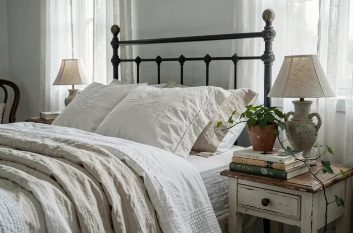 Chambre de maison de campagne avec lit en fer forgé, linge de lit en coton blanc et table de nuit en bois vieilli