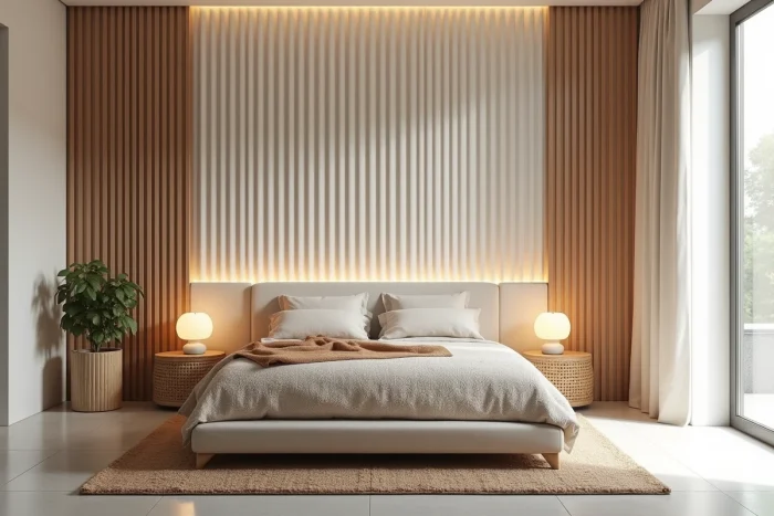 Chambre contemporaine élégante avec literie en bouclé ivoire, tête de lit en plâtre cannelé et mobilier en rotin tendance