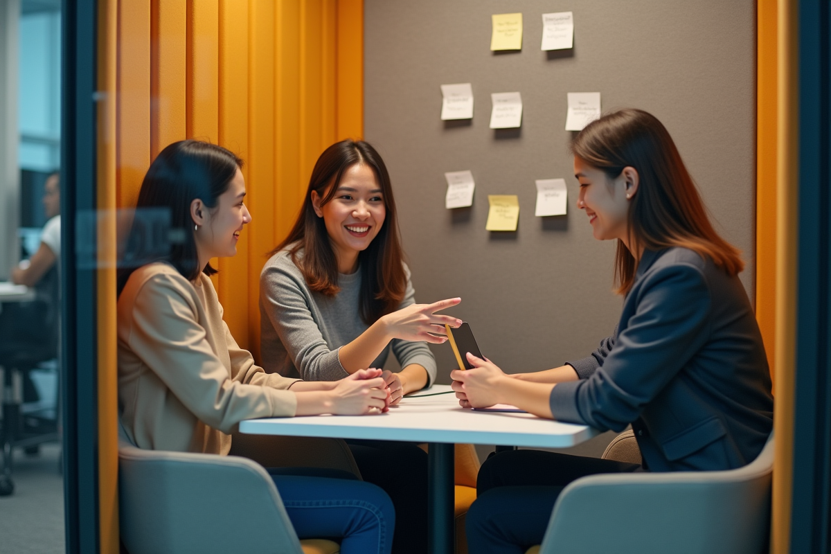 Trois collègues collaborant dans un espace de réunion convivial