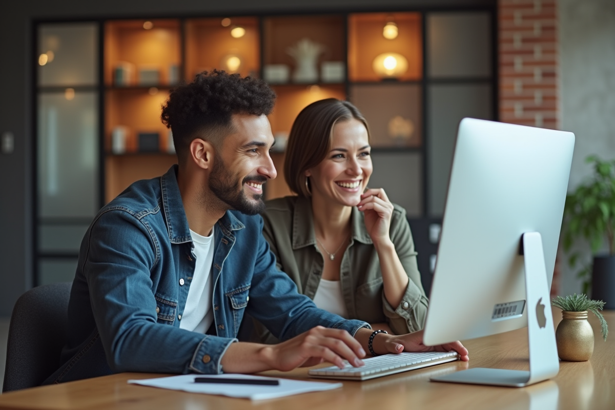 Deux collègues partageant un écran dans un espace de coworking
