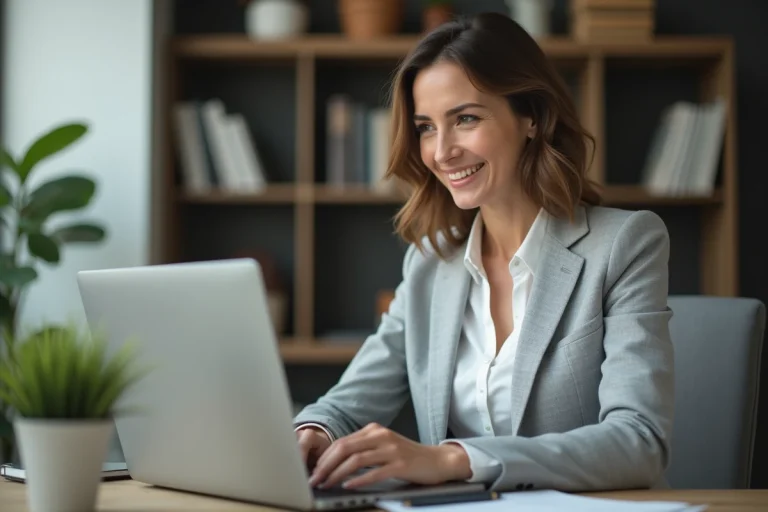Femme professionnelle se connectant à l'espace client MonPortailSecuritas sur un ordinateur portable dans un bureau moderne