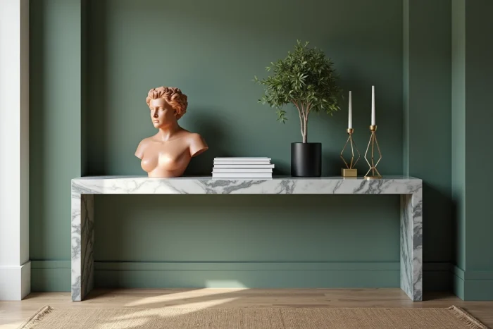 Console en marbre décorée d'objets tendance sur fond de mur vert sauge avec buste en terre cuite et plante d'intérieur