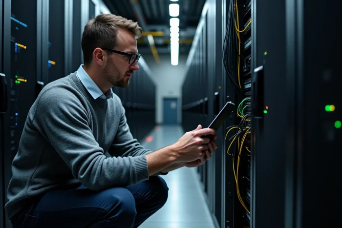 Consultant informatique installant des câbles dans un datacenter moderne représentant les infrastructures IT pour entreprises