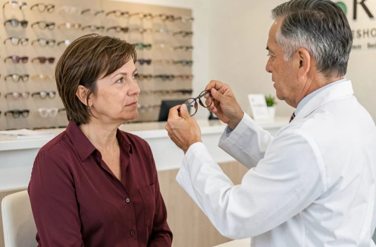Femme consultant un opticien partenaire Itelis pour choisir des lunettes au meilleur tarif