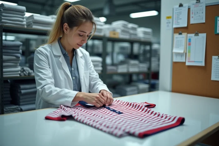 Contrôleuse qualité inspectant un polo rayé style Tommy Hilfiger dans une usine textile moderne