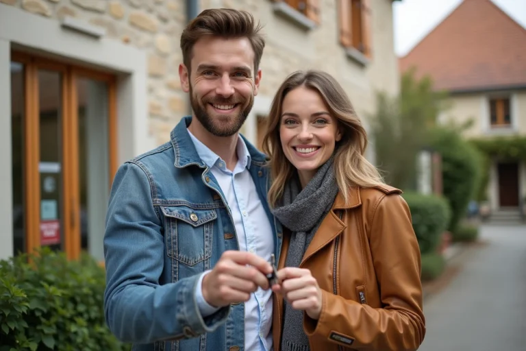 Couple tenant les clés de leur nouvelle maison à Épernay devant une façade en pierre typique de la région Champagne