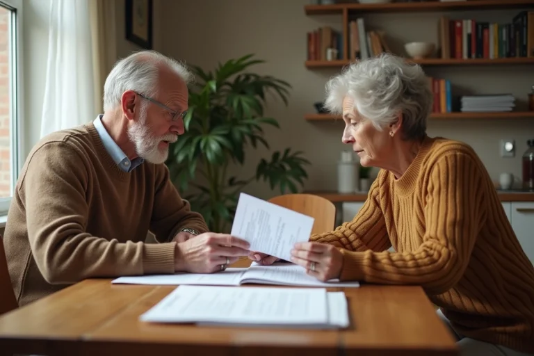 Couple d'adultes examinant des documents à la cuisine