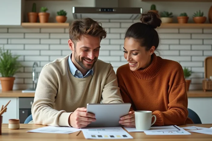 Couple étudiant des documents hypothécaires à la maison pour planifier leur investissement immobilier en 2024