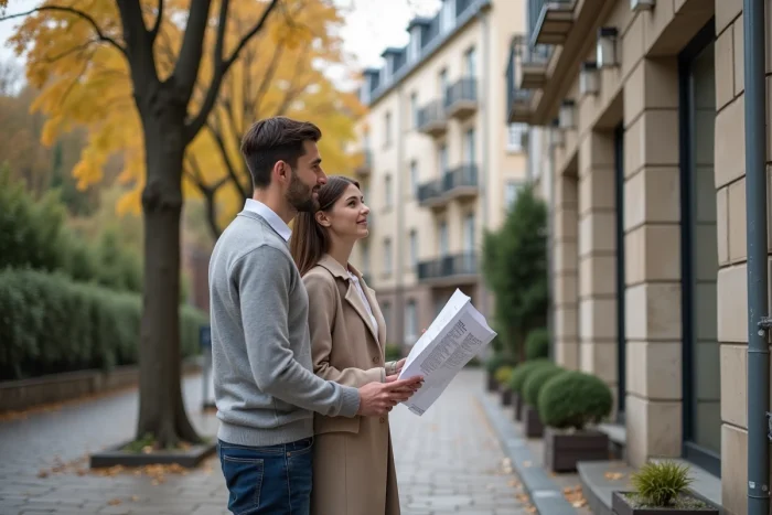 Couple de futurs propriétaires examinant une façade d'immeuble résidentiel rénové dans une rue parisienne en automne, tenant un plan de financement immobilier