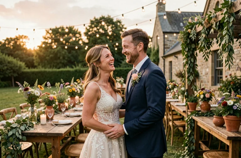 Couple de mariés riant ensemble lors d'une réception de mariage champêtre avec une décoration florale rustique et des tables en bois