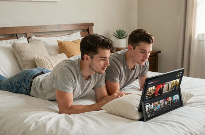 Couple regardant des chaînes TV en streaming sur une tablette dans une chambre cosy et moderne