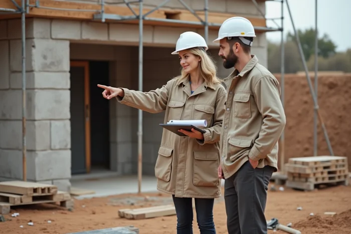 Courtière en travaux supervisant un chantier de rénovation sur une maison en pierre à Toulouse avec un entrepreneur