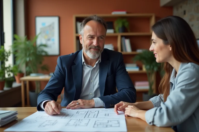 Courtier en travaux à Toulouse conseillant un couple sur leurs plans de rénovation dans un bureau professionnel moderne