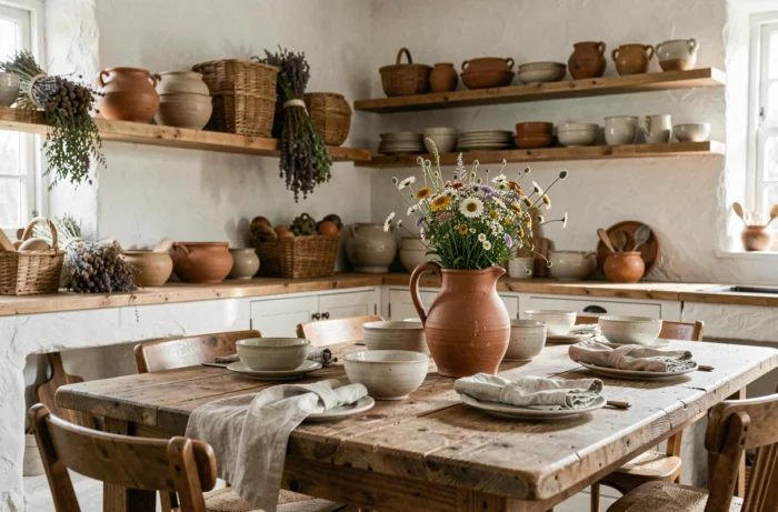 Cuisine de ferme rénovée avec étagères en bois, poteries artisanales et table en bois massif décorée de fleurs sauvages