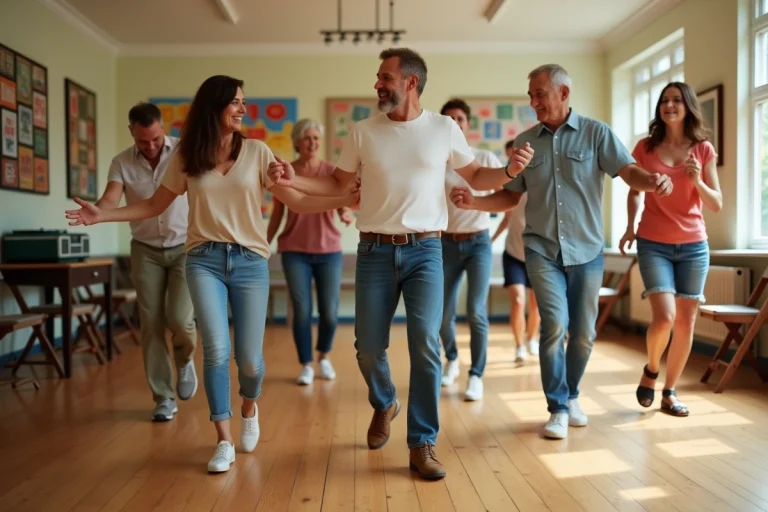 Groupe d'adultes dansant la Madison dans une salle lumineuse