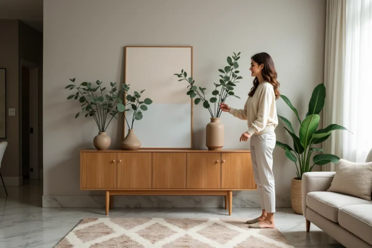 Jeune femme arrangeant des vases dans un salon moderne