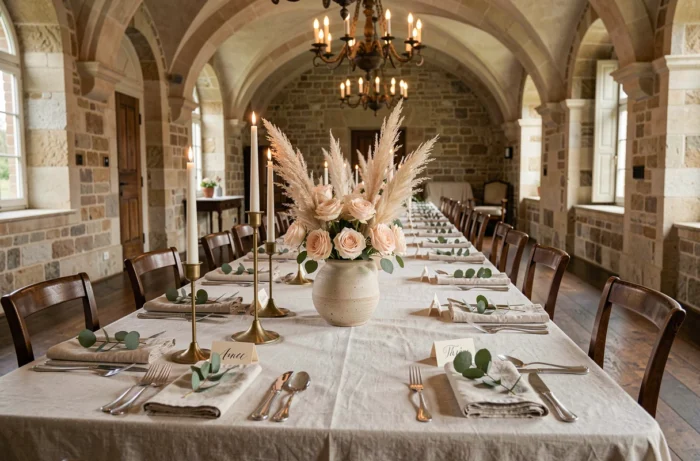 Décoration de table de mariage personnalisée avec cartes de place calligraphiées, roses et bougies dans un château français