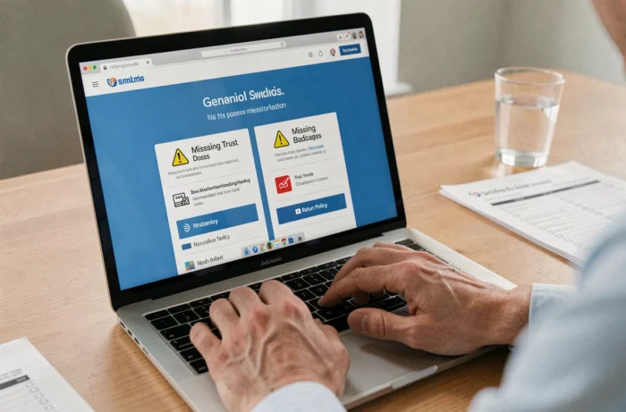 Gros plan sur un écran d'ordinateur affichant un site e-commerce douteux avec des signaux d'alerte visibles, mains hésitantes sur le clavier