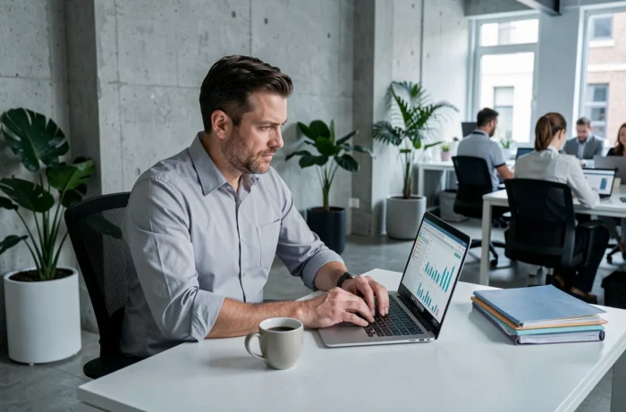 Entrepreneur masculin préparant un dossier de financement sur ordinateur dans un espace de coworking moderne