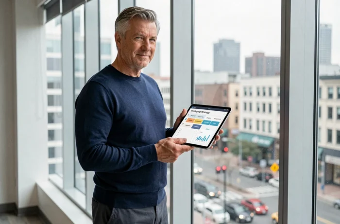 Entrepreneur masculin consultant une stratégie de contenu numérique sur tablette devant une fenêtre panoramique avec vue sur la ville