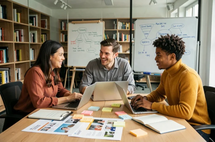 Équipe de professionnels du marketing digital en séance de brainstorming autour d'une table de réunion avec des maquettes de campagne et des ordinateurs portables