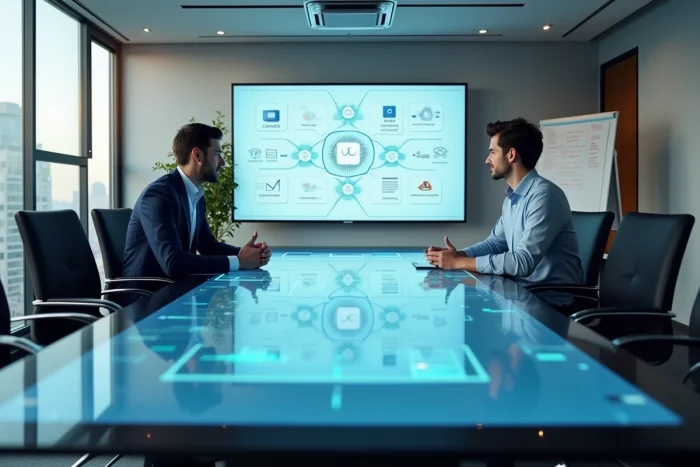 Équipe de professionnels collaborant autour d'une table interactive pour analyser des solutions informatiques cloud en entreprise