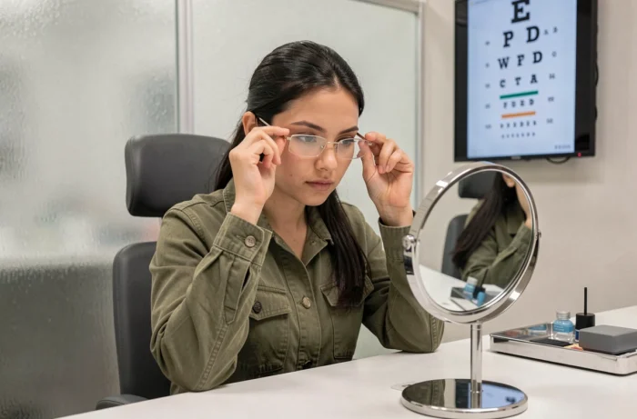 Jeune femme essayant des lunettes chez un opticien partenaire pour profiter des tarifs Itelis 2024