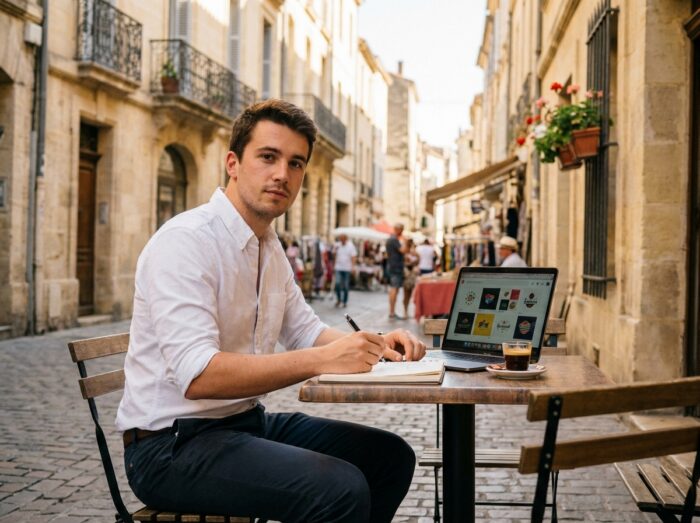 Étudiant en graphisme travaillant en terrasse de café dans le centre historique de Toulouse ou Montpellier avec sketchbook et ordinateur portable