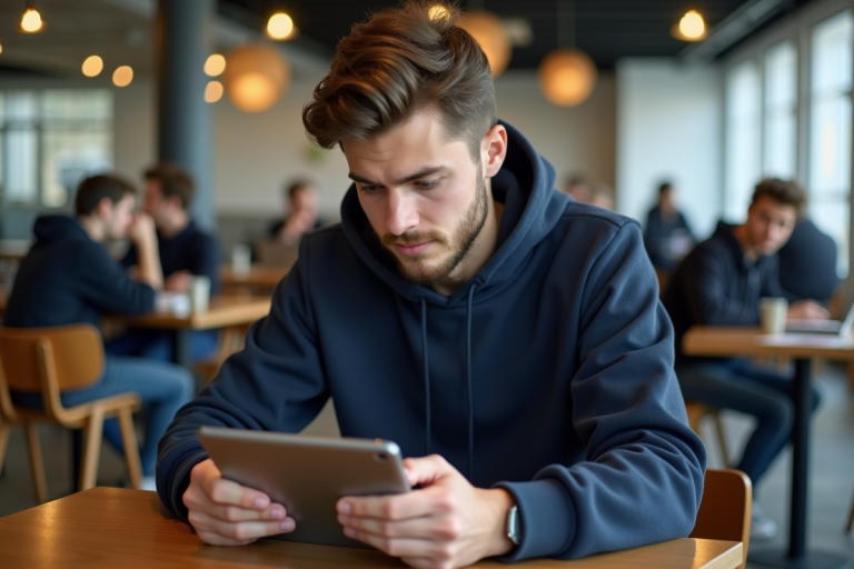 Jeune étudiant universitaire utilisant une tablette dans un café