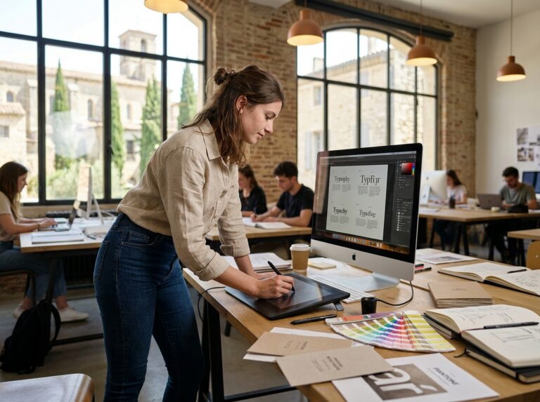Étudiante en graphisme travaillant sur tablette graphique dans un studio créatif d'une école de design à Toulouse ou Montpellier