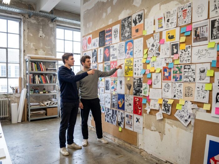 Deux étudiants en graphisme analysant des affiches lors d'une critique de projet dans une école de design du sud de la France
