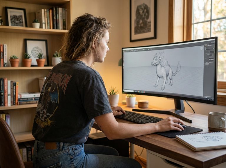 Jeune femme concentrée sur une animation 3D dans son bureau