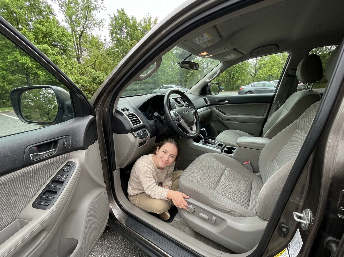 Jeune femme ajustant le support lombaire dans un SUV