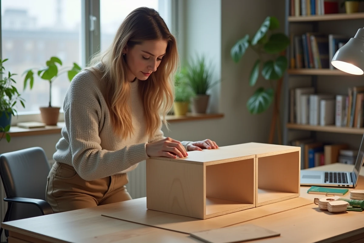 Femme assemblant étagère en panneaux de bois