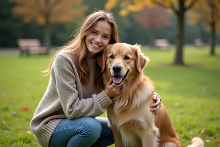 Jeune femme avec chien dans un parc en automne