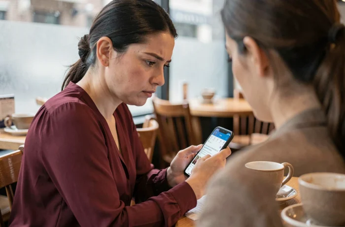 Femme consultant des avis en ligne sur un site marchand depuis son smartphone dans un café, air concentré et méfiant