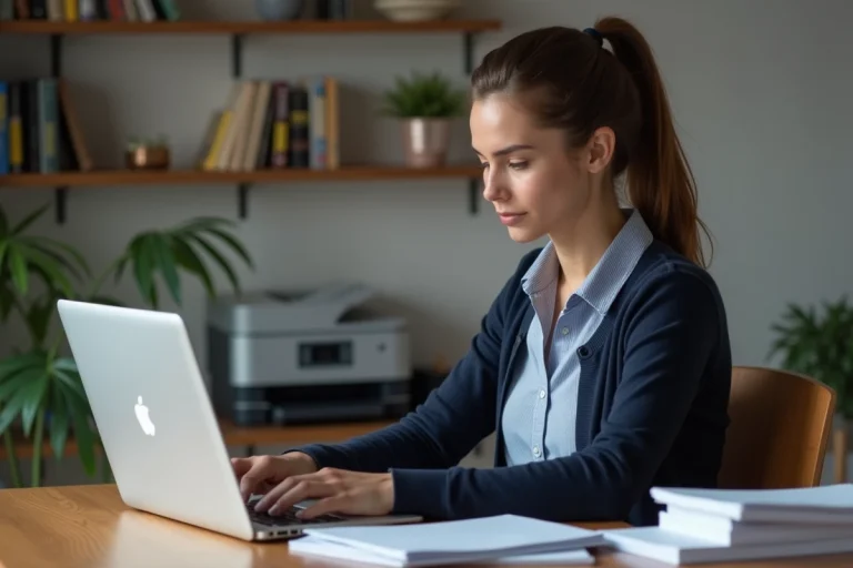 Jeune femme au bureau achetant des cartouches d'encre