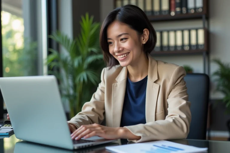 Femme au bureau analysant des données sur son ordinateur portable