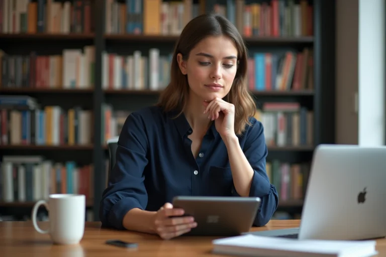 Jeune femme au bureau regardant sa tablette