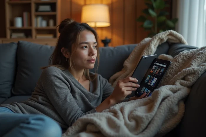 Femme allongée sur un canapé consultant un catalogue de films illimités sur une tablette numérique