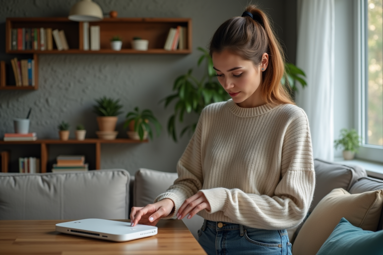 Femme réglant un routeur WiFi dans un salon moderne
